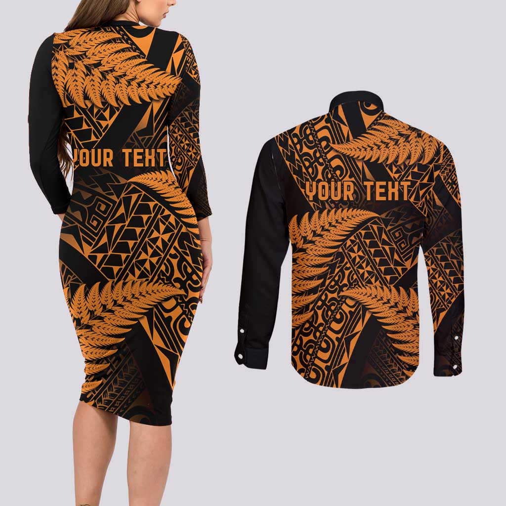 New Zealand Rugby Pacific Personalised Couples Matching Long Sleeve Bodycon Dress and Long Sleeve Button Shirt All Gold Maori Pasifika Fern Pattern LT9 - Polynesian Pride