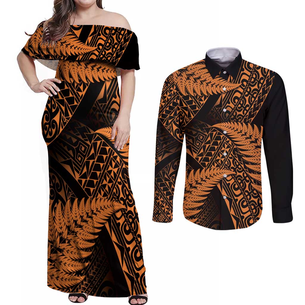 New Zealand Rugby Pacific Personalised Couples Matching Off Shoulder Maxi Dress and Long Sleeve Button Shirt All Gold Maori Pasifika Fern Pattern