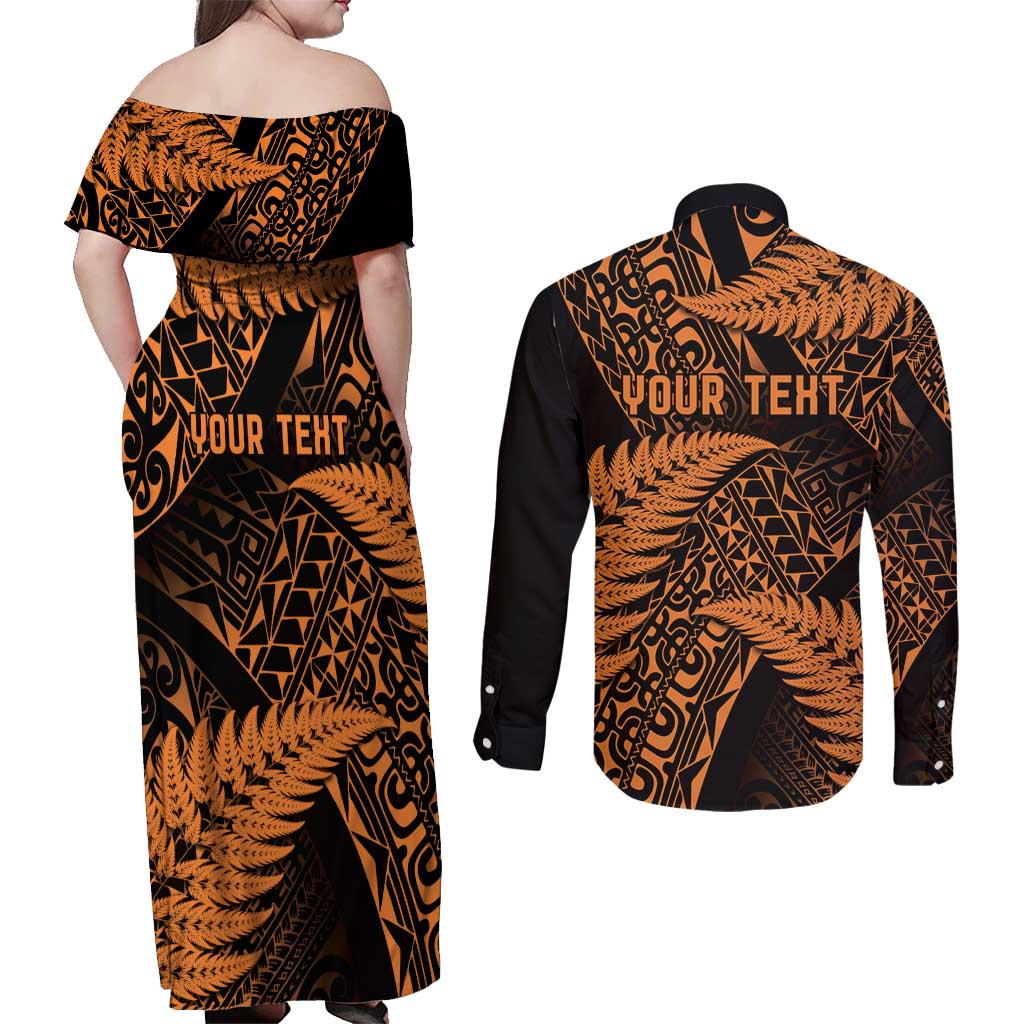New Zealand Rugby Pacific Personalised Couples Matching Off Shoulder Maxi Dress and Long Sleeve Button Shirt All Gold Maori Pasifika Fern Pattern LT9 - Polynesian Pride