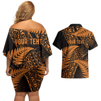 New Zealand Rugby Pacific Personalised Couples Matching Off Shoulder Short Dress and Hawaiian Shirt All Gold Maori Pasifika Fern Pattern LT9 - Polynesian Pride