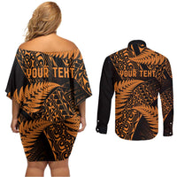 New Zealand Rugby Pacific Personalised Couples Matching Off Shoulder Short Dress and Long Sleeve Button Shirt All Gold Maori Pasifika Fern Pattern LT9 - Polynesian Pride