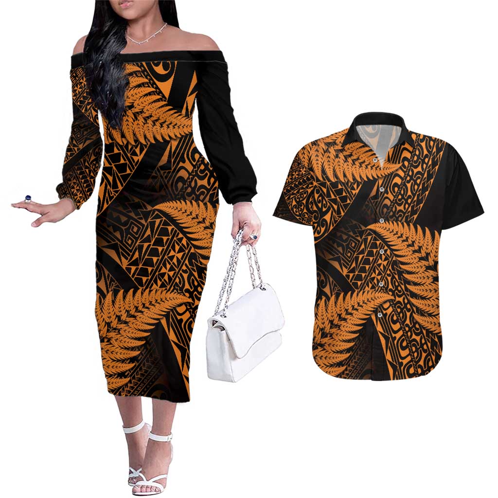 New Zealand Rugby Pacific Personalised Couples Matching Off The Shoulder Long Sleeve Dress and Hawaiian Shirt All Gold Maori Pasifika Fern Pattern LT9 Gold - Polynesian Pride