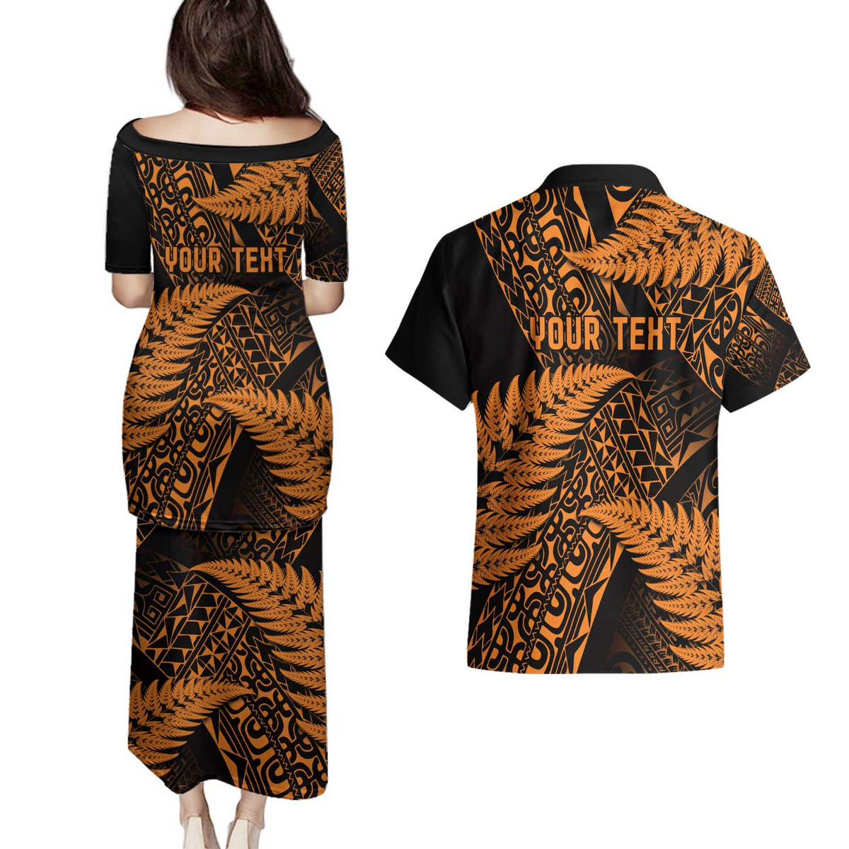 New Zealand Rugby Pacific Personalised Couples Matching Puletasi and Hawaiian Shirt All Gold Maori Pasifika Fern Pattern LT9 - Polynesian Pride