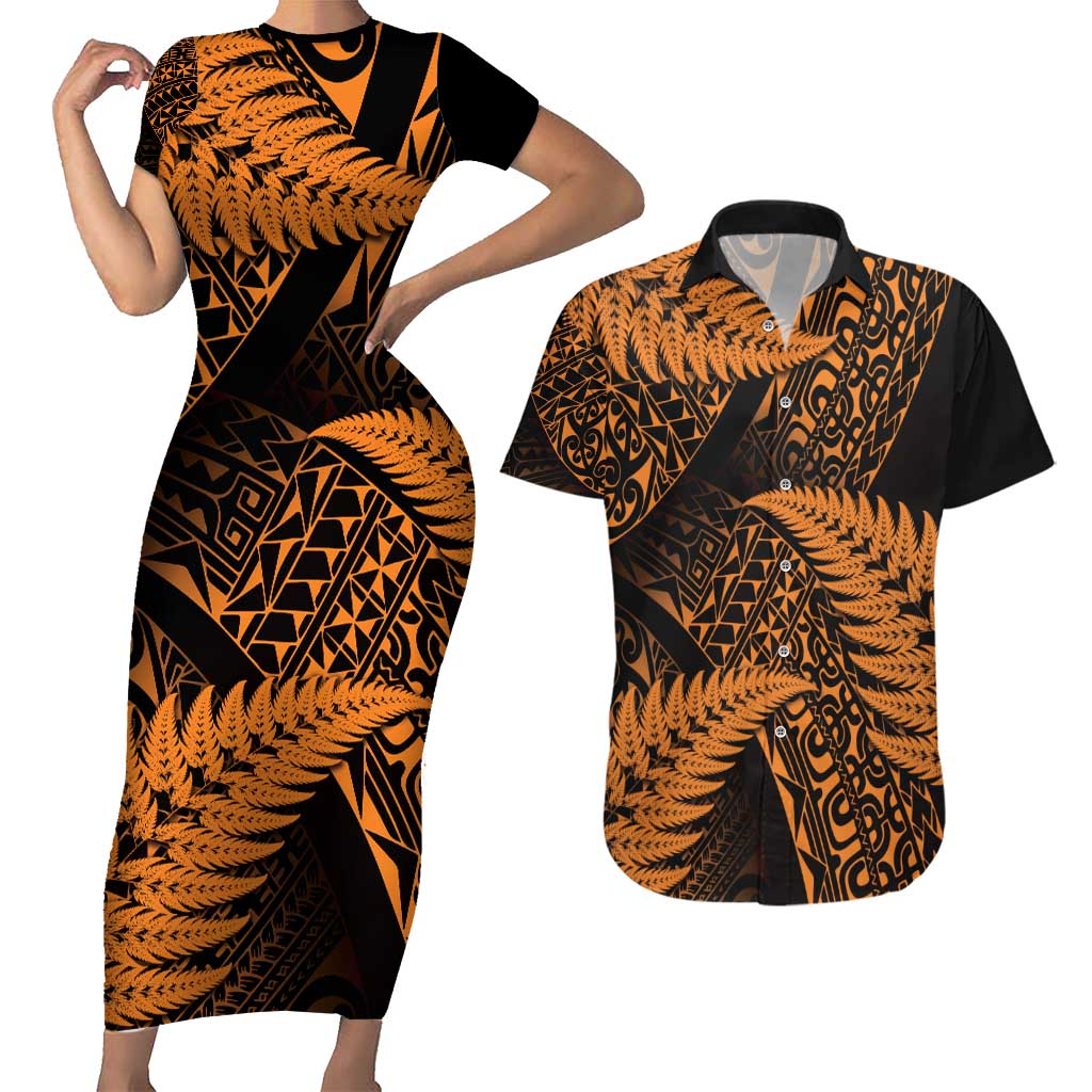 New Zealand Rugby Pacific Personalised Couples Matching Short Sleeve Bodycon Dress and Hawaiian Shirt All Gold Maori Pasifika Fern Pattern LT9 Gold - Polynesian Pride