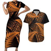 New Zealand Rugby Pacific Personalised Couples Matching Short Sleeve Bodycon Dress and Hawaiian Shirt All Gold Maori Pasifika Fern Pattern LT9 Gold - Polynesian Pride