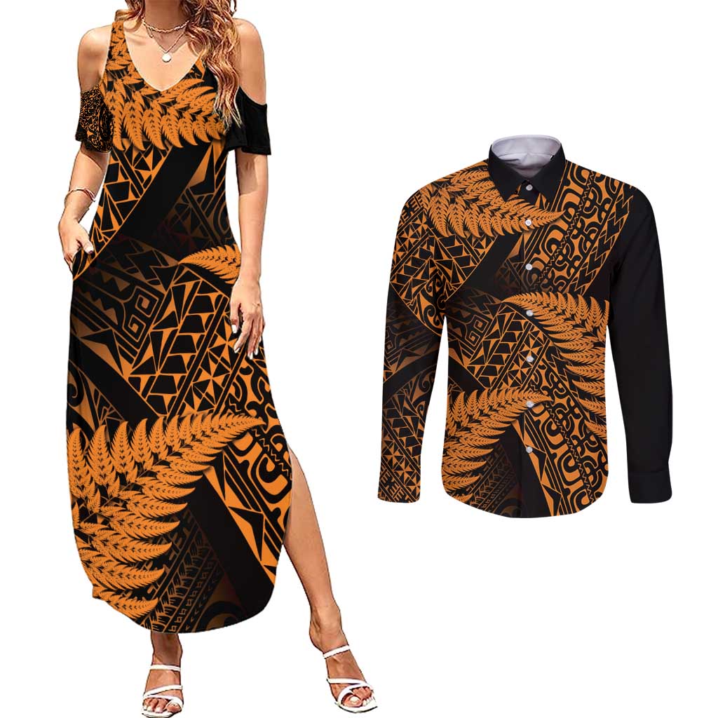 New Zealand Rugby Pacific Personalised Couples Matching Summer Maxi Dress and Long Sleeve Button Shirt All Gold Maori Pasifika Fern Pattern LT9 Gold - Polynesian Pride