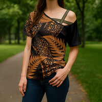 New Zealand Rugby Pacific Personalised Cross Shoulder Shirt All Gold Maori Pasifika Fern Pattern - Polynesian Pride