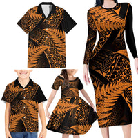 New Zealand Rugby Pacific Personalised Family Matching Long Sleeve Bodycon Dress and Hawaiian Shirt All Gold Maori Pasifika Fern Pattern LT9 - Polynesian Pride