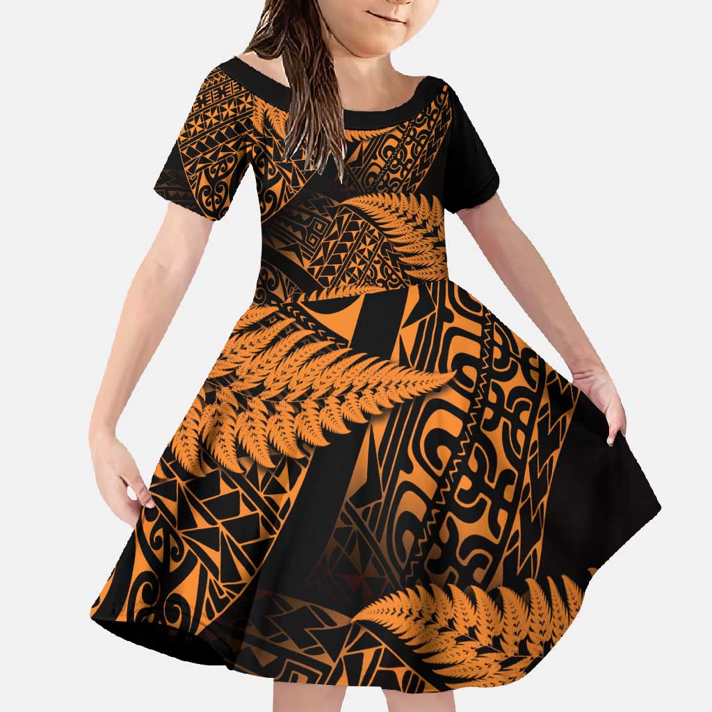 New Zealand Rugby Pacific Personalised Family Matching Short Sleeve Bodycon Dress and Hawaiian Shirt All Gold Maori Pasifika Fern Pattern LT9 Daughter's Dress Gold - Polynesian Pride