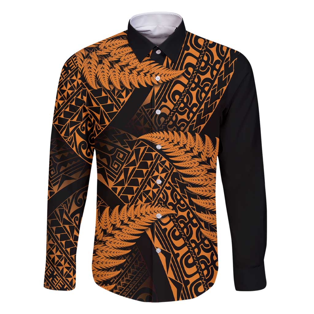 New Zealand Rugby Pacific Personalised Family Matching Short Sleeve Bodycon Dress and Hawaiian Shirt All Gold Maori Pasifika Fern Pattern LT9 Dad's Shirt - Long Sleeve Gold - Polynesian Pride