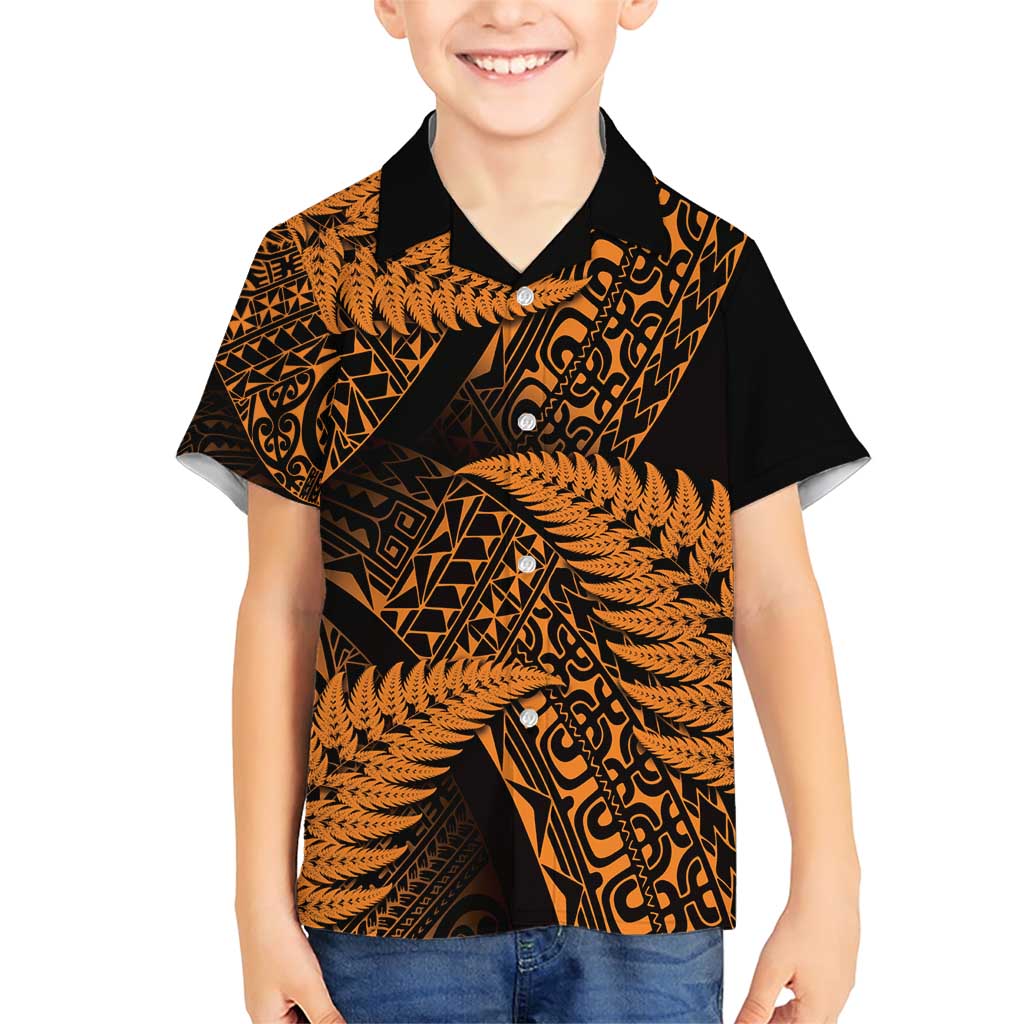 New Zealand Rugby Pacific Personalised Family Matching Short Sleeve Bodycon Dress and Hawaiian Shirt All Gold Maori Pasifika Fern Pattern LT9 Son's Shirt Gold - Polynesian Pride