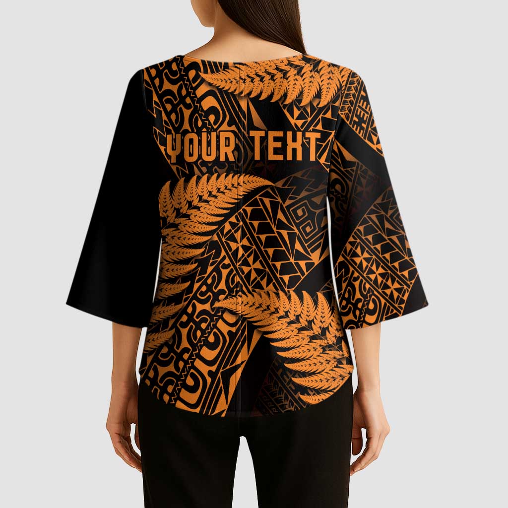 New Zealand Rugby Pacific Personalised Kimono Sleeve Blouse All Gold Maori Pasifika Fern Pattern - Polynesian Pride