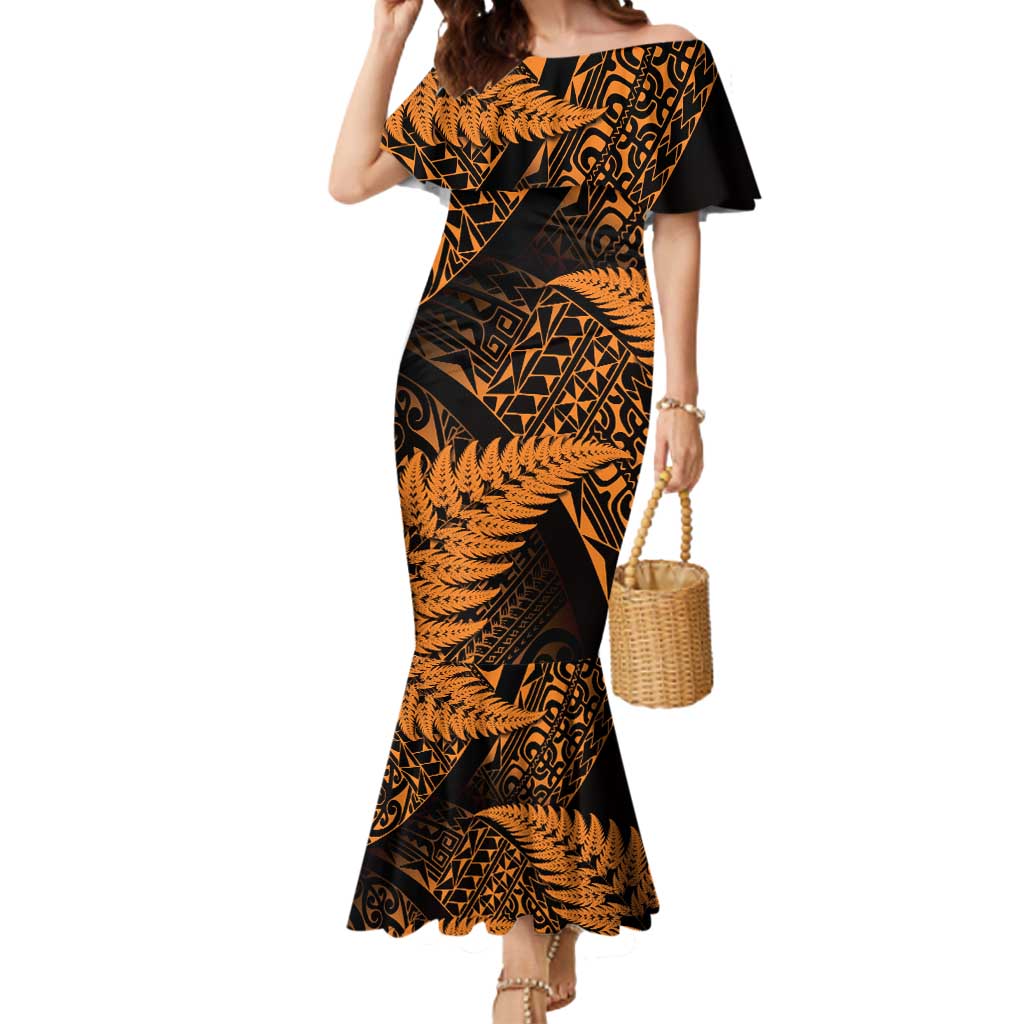 New Zealand Rugby Pacific Personalised Mermaid Dress All Gold Maori Pasifika Fern Pattern