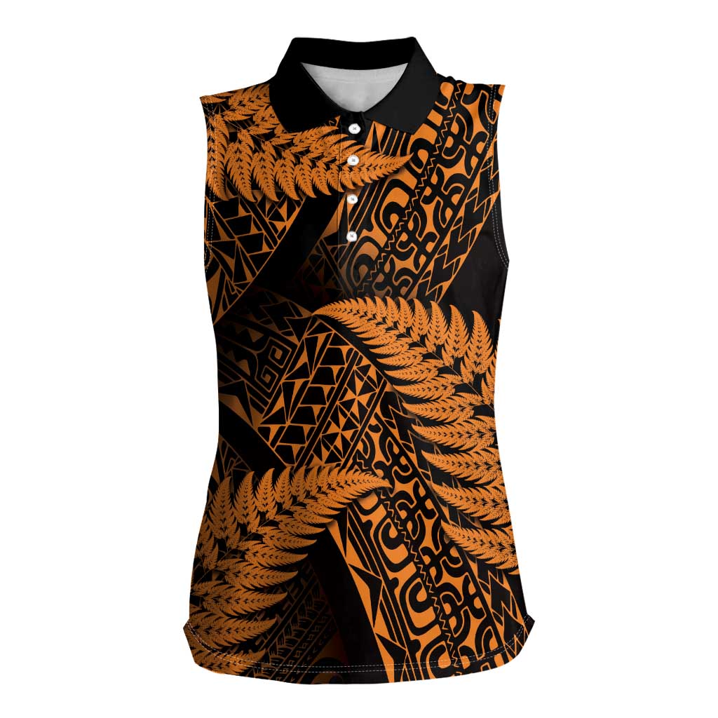 New Zealand Rugby Pacific Personalised Women Sleeveless Polo Shirt All Gold Maori Pasifika Fern Pattern