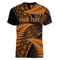 New Zealand Rugby Pacific Personalised Women V-Neck T-Shirt All Gold Maori Pasifika Fern Pattern LT9 - Polynesian Pride