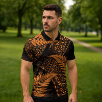 New Zealand Rugby Pacific Personalised Zipper Polo Shirt All Gold Maori Pasifika Fern Pattern - Polynesian Pride