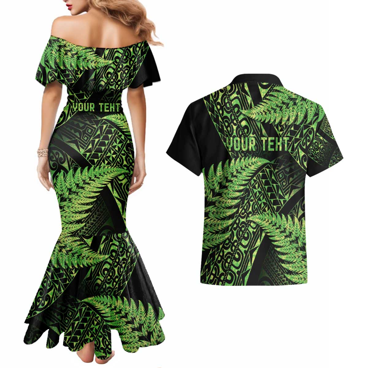New Zealand Rugby Pacific Personalised Couples Matching Mermaid Dress and Hawaiian Shirt All Lime Maori Pasifika Fern Pattern LT9 - Polynesian Pride