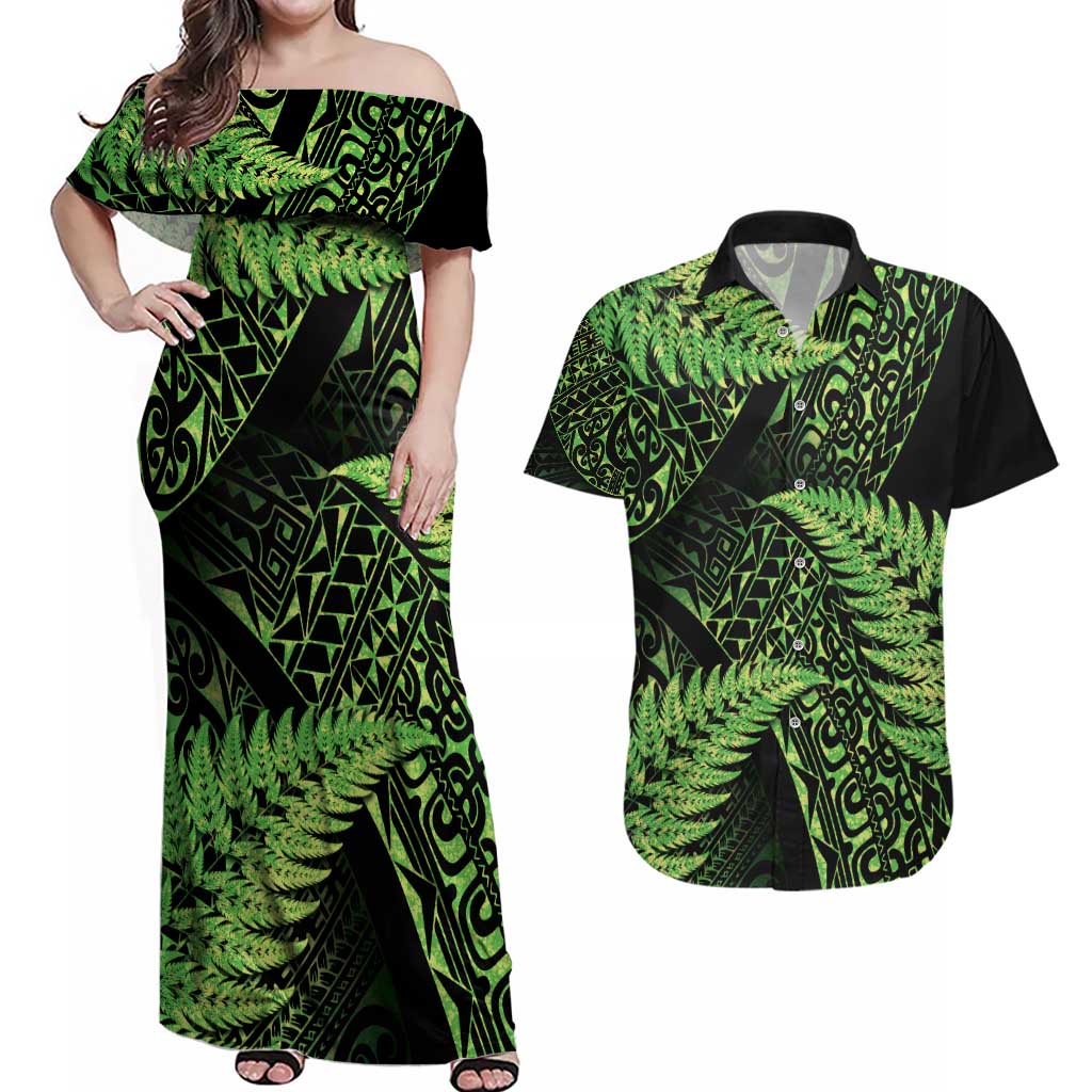 New Zealand Rugby Pacific Personalised Couples Matching Off Shoulder Maxi Dress and Hawaiian Shirt All Lime Maori Pasifika Fern Pattern