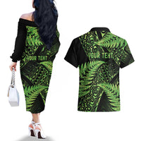 New Zealand Rugby Pacific Personalised Couples Matching Off The Shoulder Long Sleeve Dress and Hawaiian Shirt All Lime Maori Pasifika Fern Pattern LT9 - Polynesian Pride