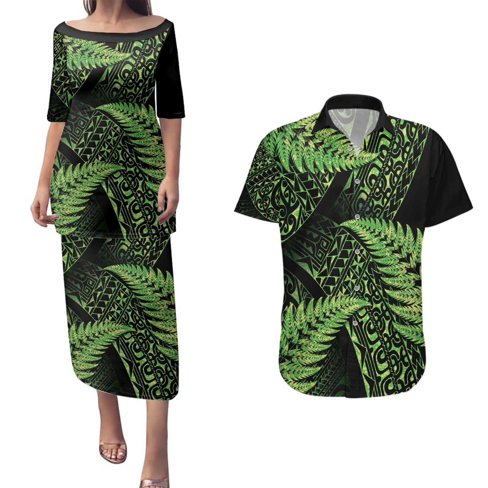 New Zealand Rugby Pacific Personalised Couples Matching Puletasi and Hawaiian Shirt All Lime Maori Pasifika Fern Pattern