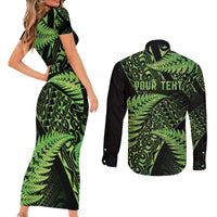 New Zealand Rugby Pacific Personalised Couples Matching Short Sleeve Bodycon Dress and Long Sleeve Button Shirt All Lime Maori Pasifika Fern Pattern LT9 - Polynesian Pride