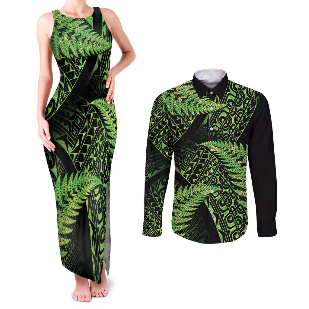 New Zealand Rugby Pacific Personalised Couples Matching Tank Maxi Dress and Long Sleeve Button Shirt All Lime Maori Pasifika Fern Pattern