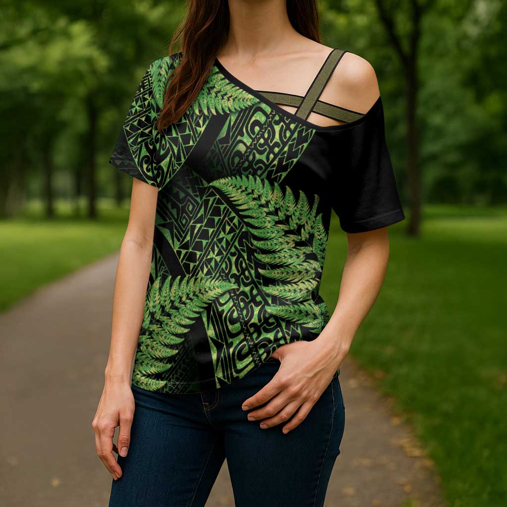 New Zealand Rugby Pacific Personalised Cross Shoulder Shirt All Lime Maori Pasifika Fern Pattern - Polynesian Pride