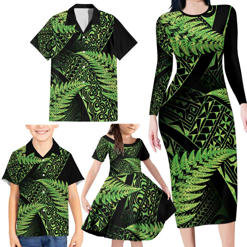 New Zealand Rugby Pacific Personalised Family Matching Long Sleeve Bodycon Dress and Hawaiian Shirt All Lime Maori Pasifika Fern Pattern