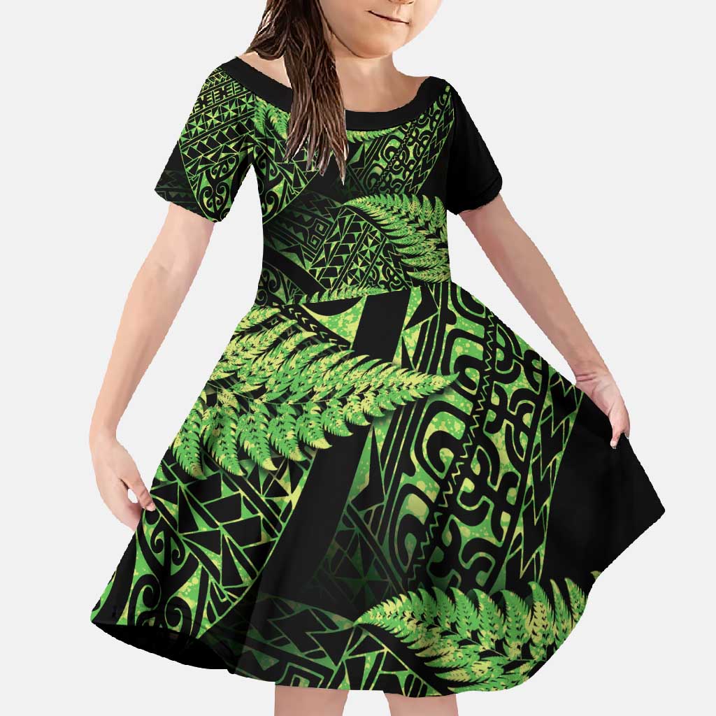 New Zealand Rugby Pacific Personalised Family Matching Mermaid Dress and Hawaiian Shirt All Lime Maori Pasifika Fern Pattern LT9 Daughter's Dress Lime - Polynesian Pride