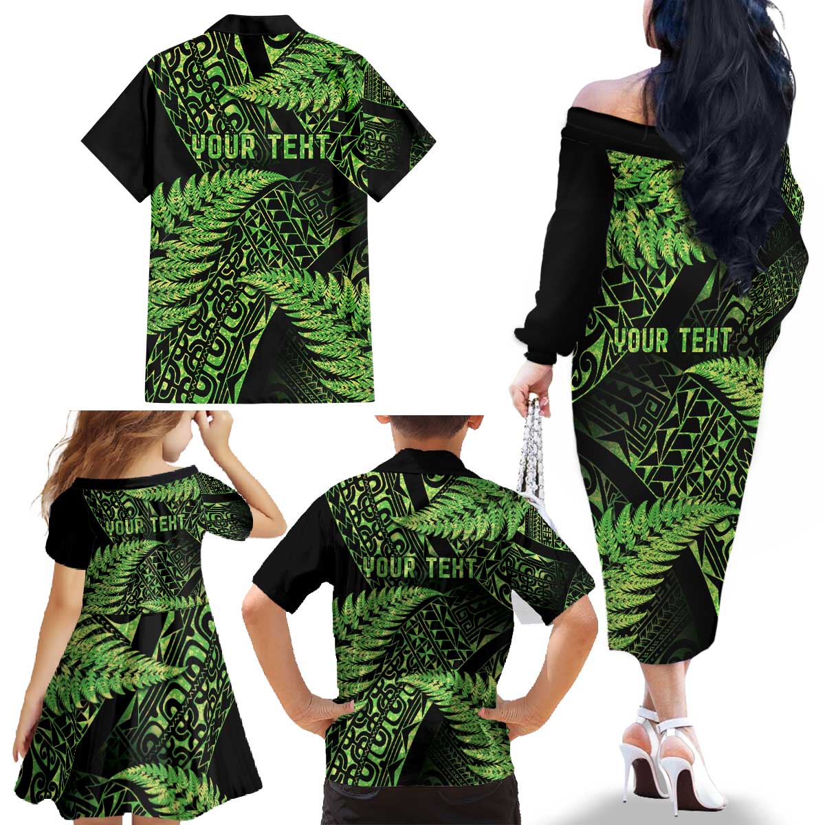 New Zealand Rugby Pacific Personalised Family Matching Off The Shoulder Long Sleeve Dress and Hawaiian Shirt All Lime Maori Pasifika Fern Pattern LT9 - Polynesian Pride