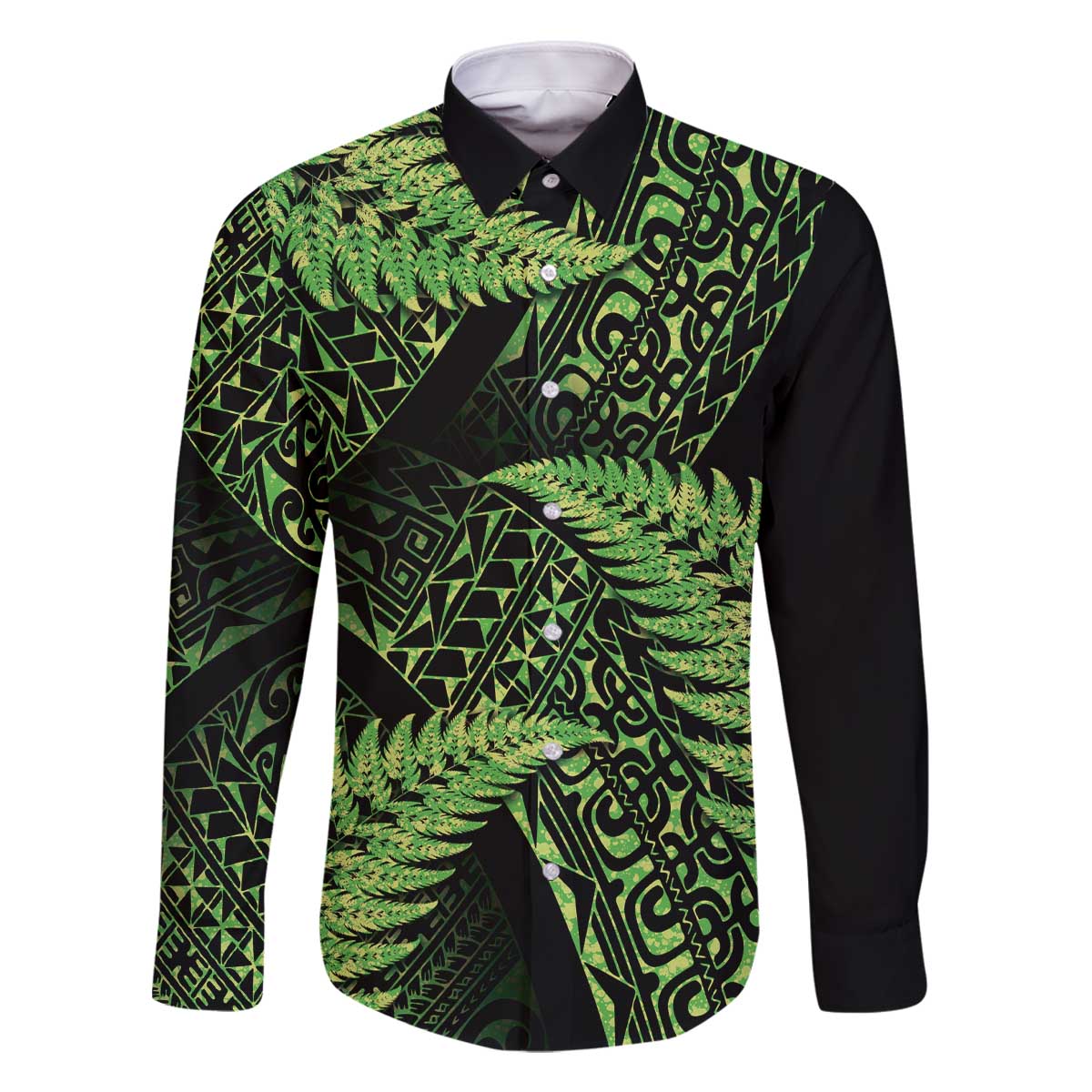 New Zealand Rugby Pacific Personalised Family Matching Off The Shoulder Long Sleeve Dress and Hawaiian Shirt All Lime Maori Pasifika Fern Pattern LT9 Dad's Shirt - Long Sleeve Lime - Polynesian Pride