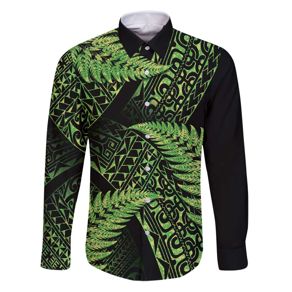 New Zealand Rugby Pacific Personalised Family Matching Puletasi and Hawaiian Shirt All Lime Maori Pasifika Fern Pattern LT9 Dad's Shirt - Long Sleeve Lime - Polynesian Pride
