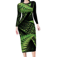 New Zealand Rugby Pacific Personalised Long Sleeve Bodycon Dress All Lime Maori Pasifika Fern Pattern