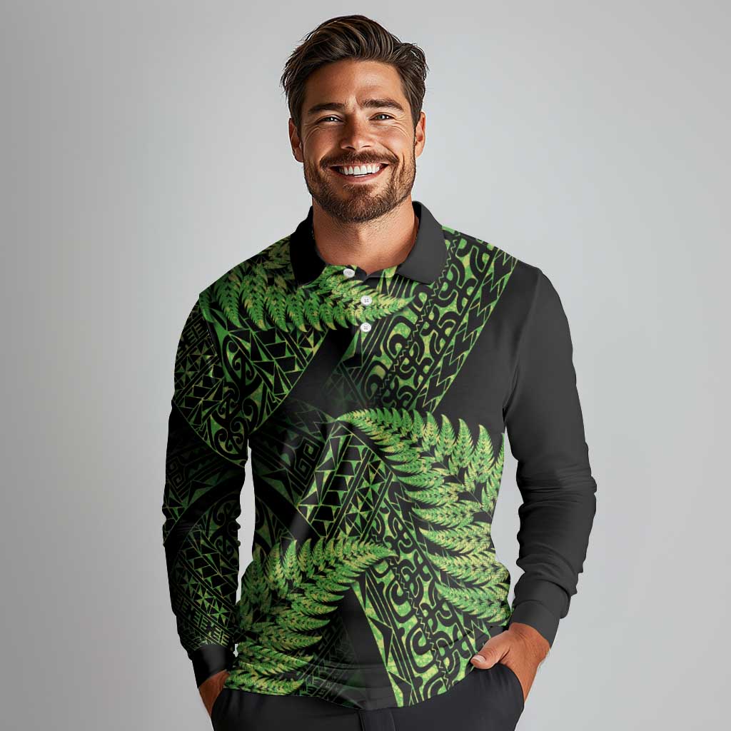 New Zealand Rugby Pacific Personalised Long Sleeve Polo Shirt All Lime Maori Pasifika Fern Pattern