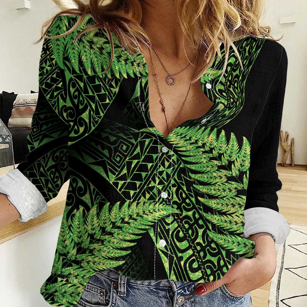 New Zealand Rugby Pacific Personalised Women Casual Shirt All Lime Maori Pasifika Fern Pattern