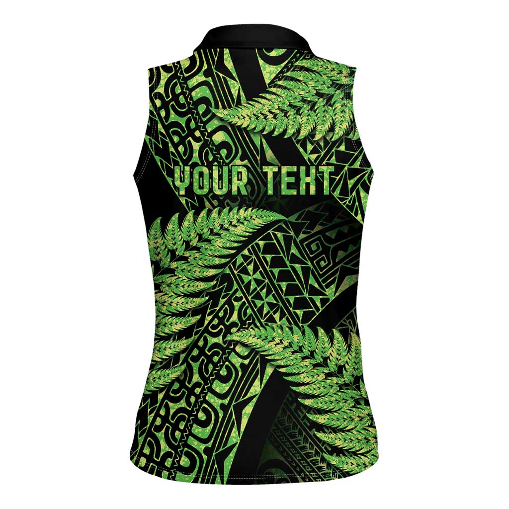 New Zealand Rugby Pacific Personalised Women Sleeveless Polo Shirt All Lime Maori Pasifika Fern Pattern