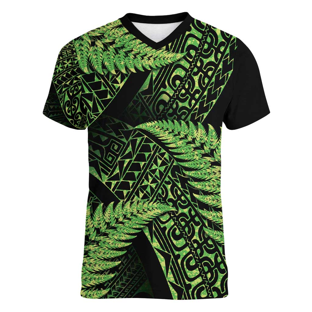 New Zealand Rugby Pacific Personalised Women V-Neck T-Shirt All Lime Maori Pasifika Fern Pattern