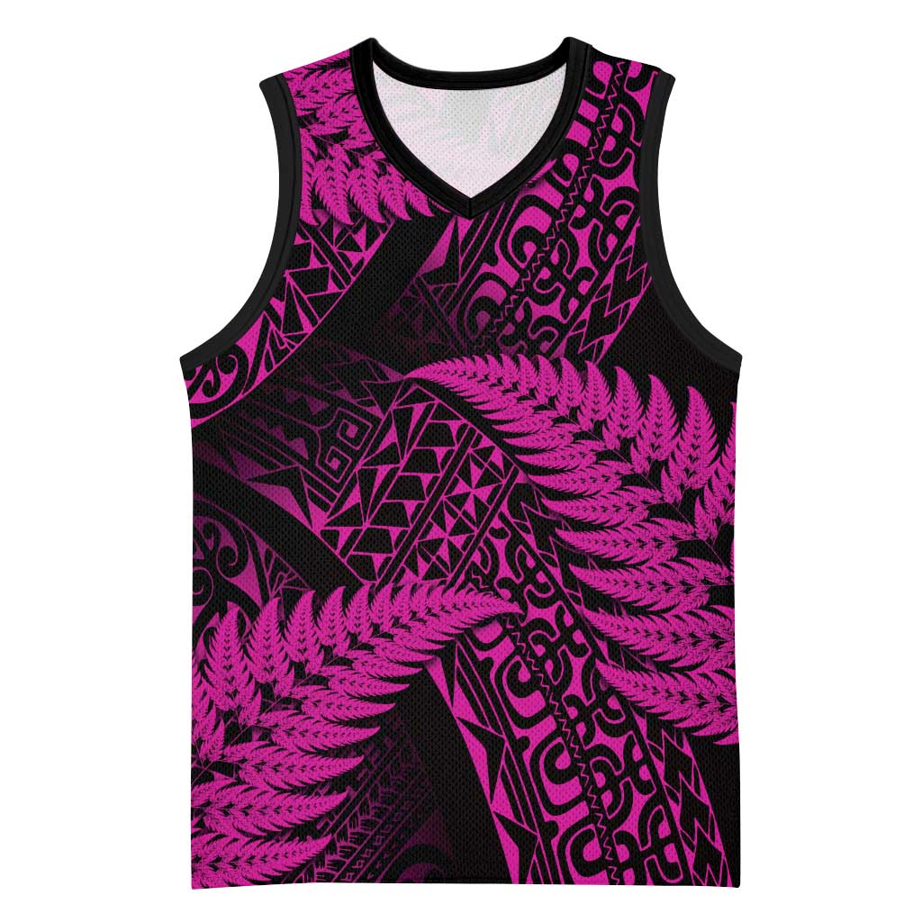 New Zealand Rugby Pacific Personalised Basketball Jersey All Pink Maori Pasifika Fern Pattern - Polynesian Pride