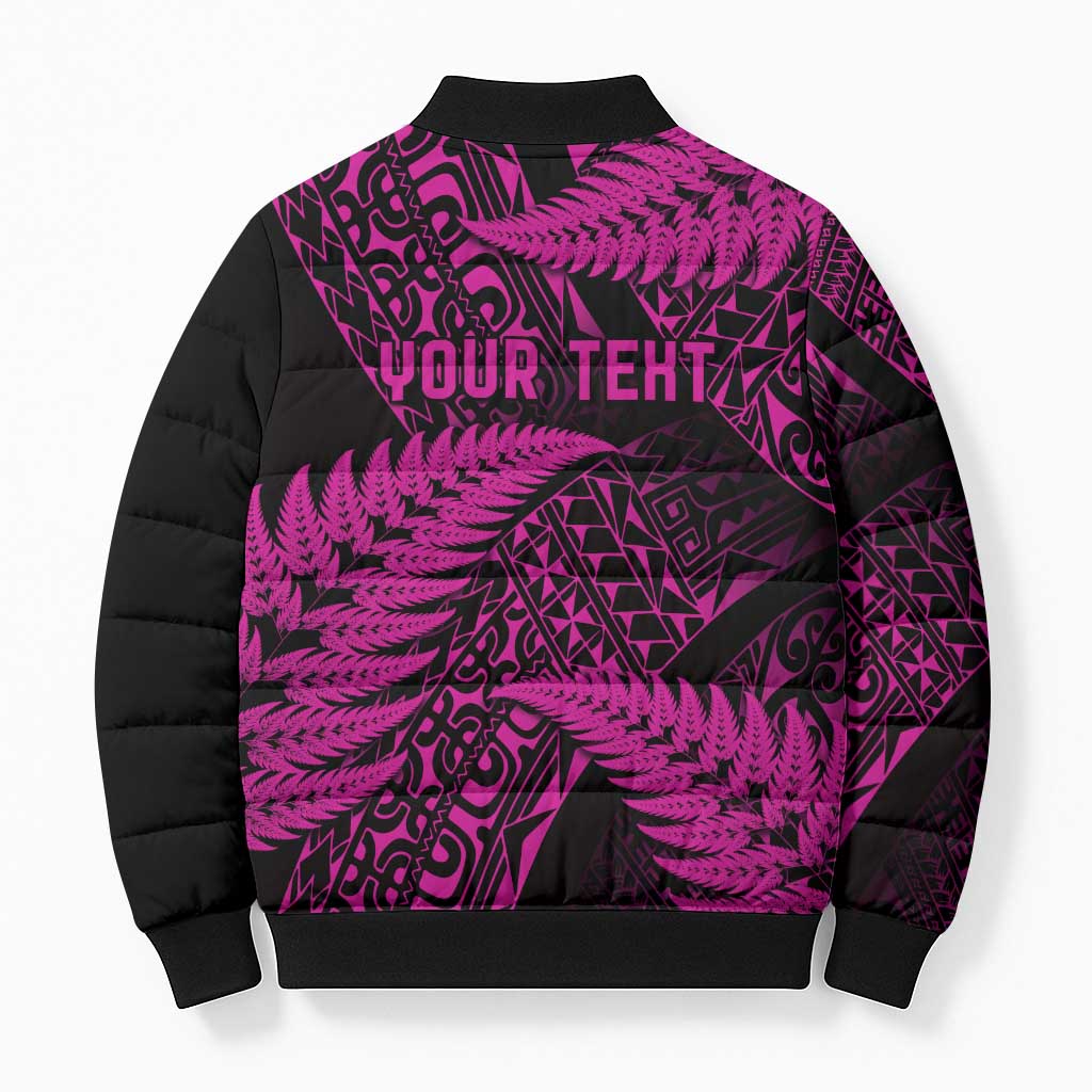 New Zealand Rugby Pacific Personalised Bomber Puffer Jacket All Pink Maori Pasifika Fern Pattern - Polynesian Pride