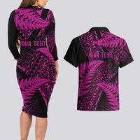 New Zealand Rugby Pacific Personalised Couples Matching Long Sleeve Bodycon Dress and Hawaiian Shirt All Pink Maori Pasifika Fern Pattern LT9 - Polynesian Pride