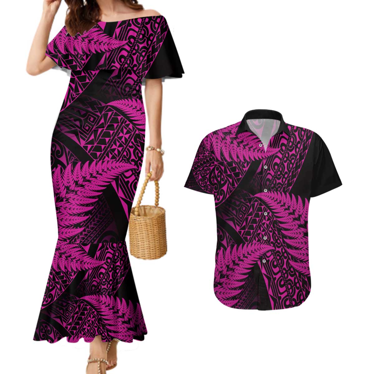New Zealand Rugby Pacific Personalised Couples Matching Mermaid Dress and Hawaiian Shirt All Pink Maori Pasifika Fern Pattern LT9 Pink - Polynesian Pride