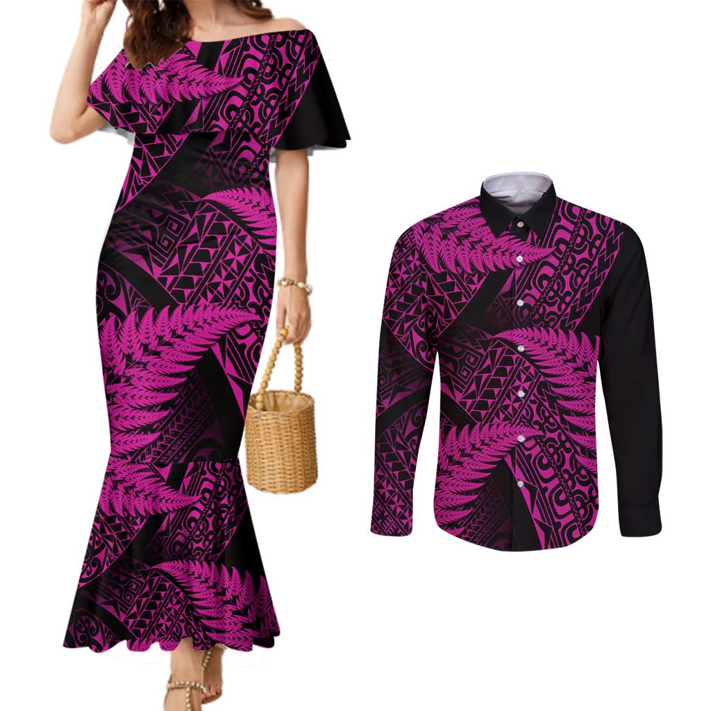 New Zealand Rugby Pacific Personalised Couples Matching Mermaid Dress and Long Sleeve Button Shirt All Pink Maori Pasifika Fern Pattern LT9 Pink - Polynesian Pride
