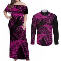New Zealand Rugby Pacific Personalised Couples Matching Off Shoulder Maxi Dress and Long Sleeve Button Shirt All Pink Maori Pasifika Fern Pattern LT9 Pink - Polynesian Pride
