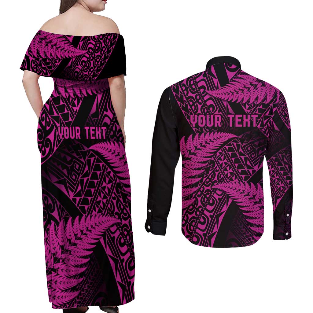 New Zealand Rugby Pacific Personalised Couples Matching Off Shoulder Maxi Dress and Long Sleeve Button Shirt All Pink Maori Pasifika Fern Pattern LT9 - Polynesian Pride