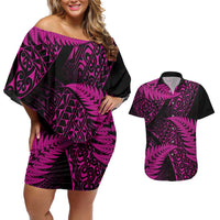 New Zealand Rugby Pacific Personalised Couples Matching Off Shoulder Short Dress and Hawaiian Shirt All Pink Maori Pasifika Fern Pattern LT9 Pink - Polynesian Pride