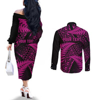 New Zealand Rugby Pacific Personalised Couples Matching Off The Shoulder Long Sleeve Dress and Long Sleeve Button Shirt All Pink Maori Pasifika Fern Pattern LT9 - Polynesian Pride