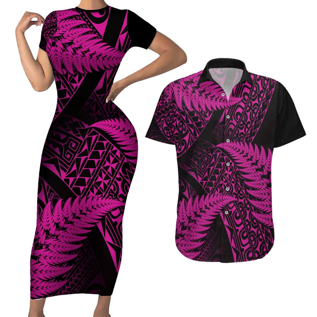 New Zealand Rugby Pacific Personalised Couples Matching Short Sleeve Bodycon Dress and Hawaiian Shirt All Pink Maori Pasifika Fern Pattern LT9 Pink - Polynesian Pride