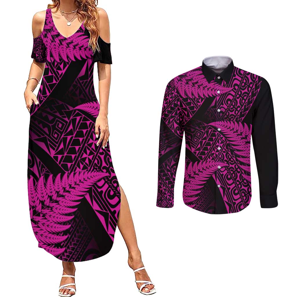 New Zealand Rugby Pacific Personalised Couples Matching Summer Maxi Dress and Long Sleeve Button Shirt All Pink Maori Pasifika Fern Pattern