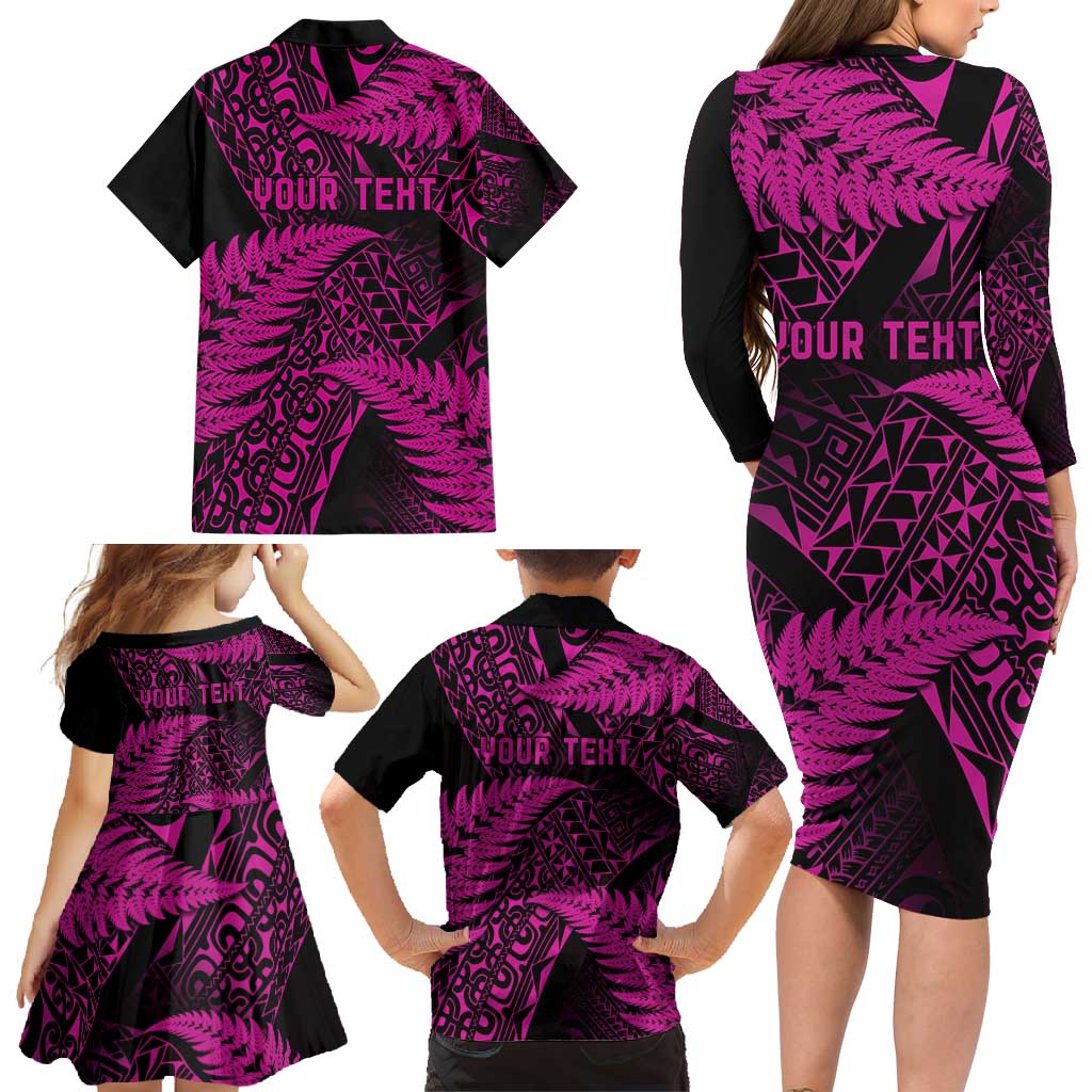 New Zealand Rugby Pacific Personalised Family Matching Long Sleeve Bodycon Dress and Hawaiian Shirt All Pink Maori Pasifika Fern Pattern LT9 - Polynesian Pride