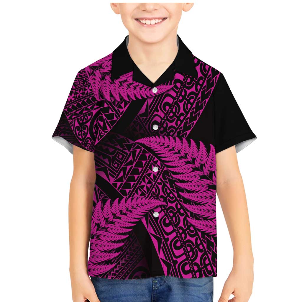 New Zealand Rugby Pacific Personalised Family Matching Mermaid Dress and Hawaiian Shirt All Pink Maori Pasifika Fern Pattern LT9 Son's Shirt Pink - Polynesian Pride